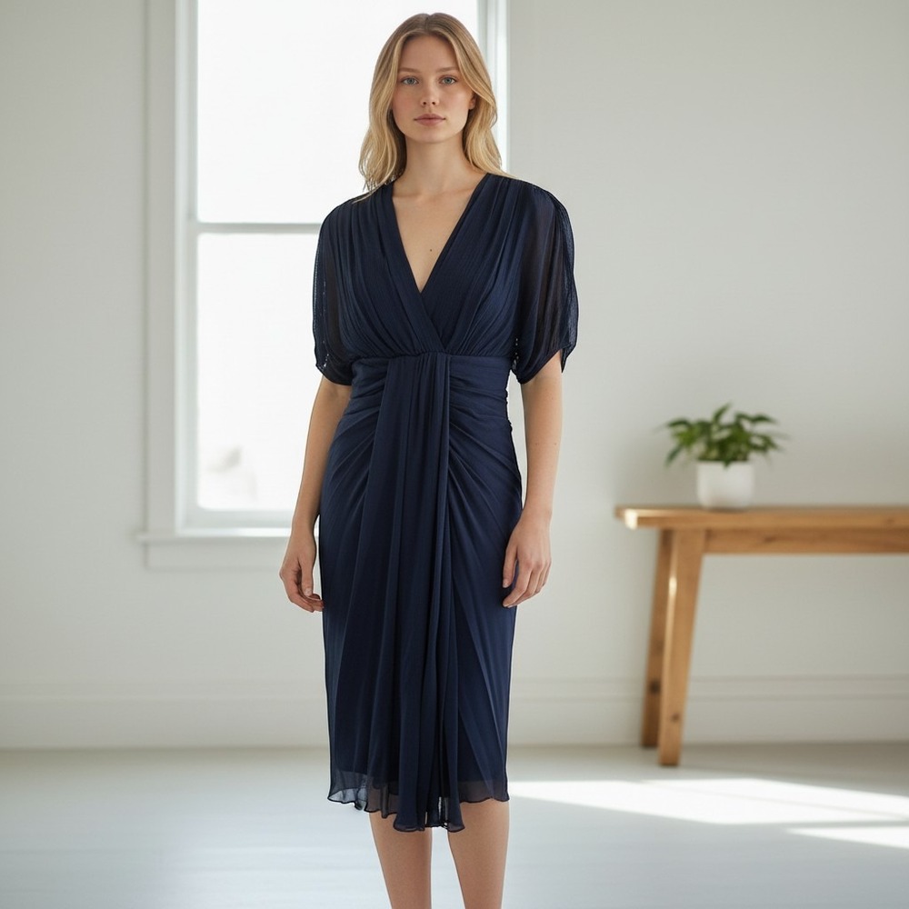 Diane von Furstenberg Navy Blue 100% Silk Ruched V-Neck Grecian Dress Size 10